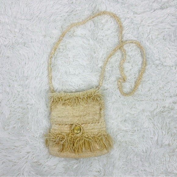 Handbags - UNBRANDED cream mini fringe fabric crossbody knit boho golden button purse